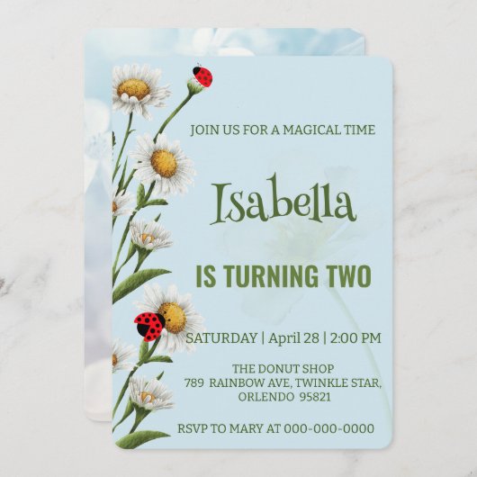 かわいい水玉模様ラディバグブルーデイジー子供の誕生日 招待状 (正面/裏面)