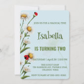 かわいい水玉模様ラディバグブルーデイジー子供の誕生日 招待状 (正面)