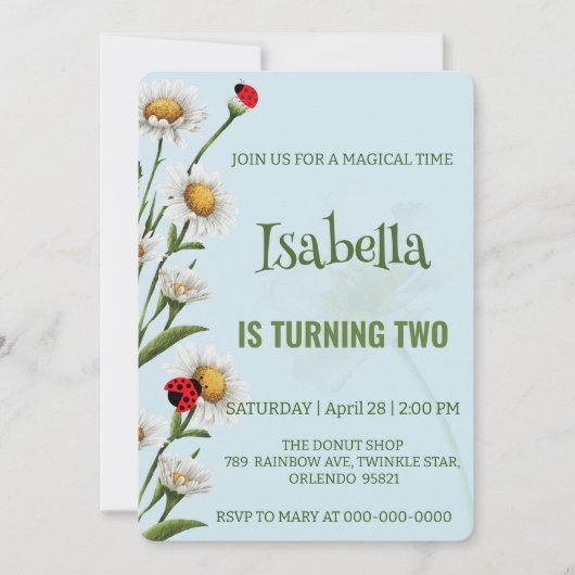 かわいい水玉模様ラディバグブルーデイジー子供の誕生日 招待状 (正面)