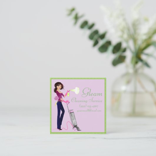 かわいい水玉模様清掃サービスレディ スクエア名刺 (スタンド正面)