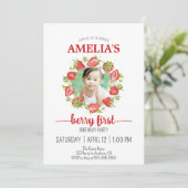 かわいい水色いちごベリー最初の誕生日 招待状 (スタンド正面)