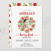 かわいい水色いちごベリー最初の誕生日 招待状 (正面/裏面)