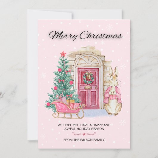 かわいい水色うさぎメリークリスマスツリー シーズンカード (正面)