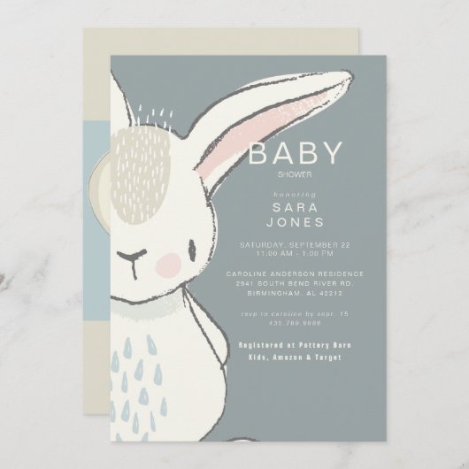 かわいい水色うさぎ赤ちゃんシャワー 招待状 (正面/裏面)
