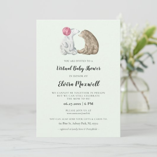 かわいい水色がバーチャルベビーシャワーを支える 招待状 (スタンド正面)