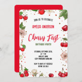 かわいい水色さくらんぼ1st誕生日パーティー 招待状 (正面/裏面)