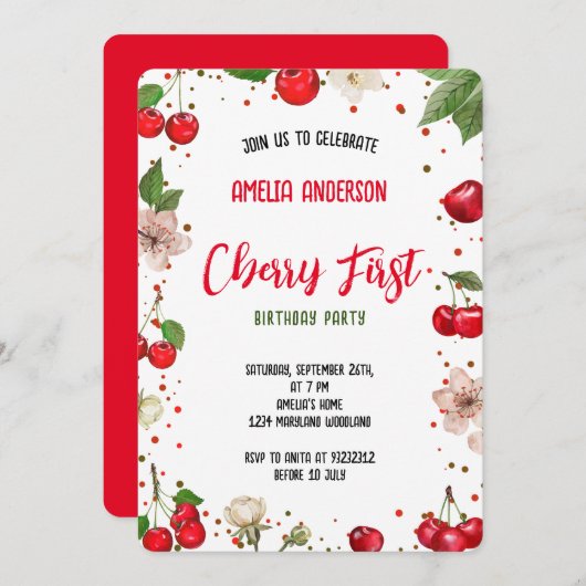 かわいい水色さくらんぼ1st誕生日パーティー 招待状 (正面/裏面)