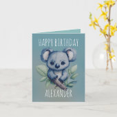 かわいい水色のかわいいコアラ折り誕生日 カード (黄色い花)