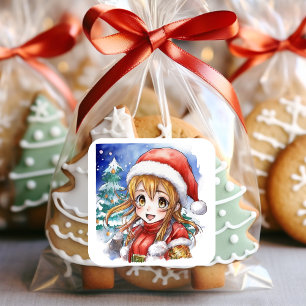 かわいい水色のアニメガールクリスマス スクエアシール