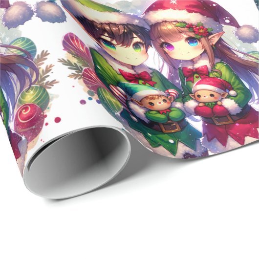 かわいい水色のアニメ小妖精や小人クリスマス ラッピングペーパー (ロールコーナー)