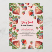 かわいい水色のイチゴのベビーシャワー 招待状 (正面/裏面)