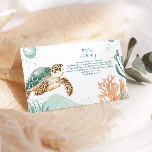 かわいい水色のウミガメの本ベビー エンクロージャーカード