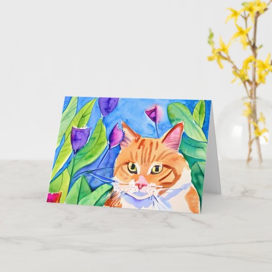 かわいい水色のオレンジキャット |の考えお客様 カード (黄色い花)