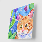 かわいい水色のオレンジキャット スクエア壁時計 (傾斜)