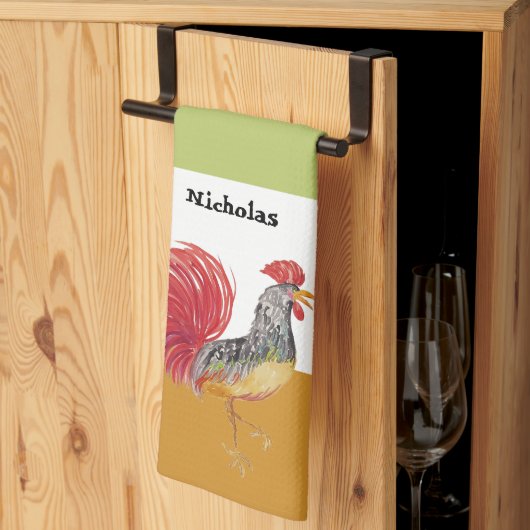 かわいい水色のオンドリパーソナライズされた キッチンタオル (三つ折り)