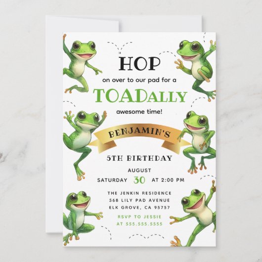 かわいい水色のカエルはどんな年齢の誕生日にも飛び乗る 招待状 (正面)