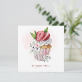 かわいい水色のカップケーキ，いちご，フローラ感謝してい サンキューカード (スタンド正面)