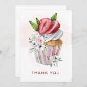 かわいい水色のカップケーキ，いちご，フローラ感謝してい 招待状 (正面/裏面)