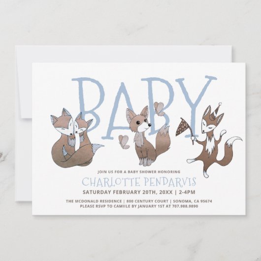 かわいい水色のキツネブルーボーイベビーシャワー 招待状 (正面)