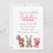 かわいい水色のクマうさぎ豚誕生日 招待状 (正面)