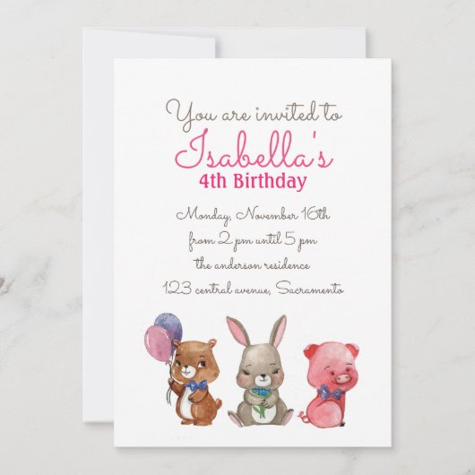 かわいい水色のクマうさぎ豚誕生日 招待状 (正面)