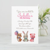 かわいい水色のクマうさぎ豚誕生日 招待状 (スタンド正面)