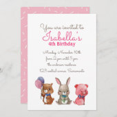 かわいい水色のクマうさぎ豚誕生日 招待状 (正面/裏面)