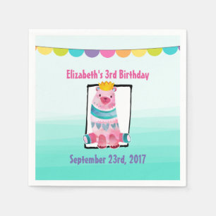 かわいい水色のクマ王冠をかぶった誕生日 スタンダードカクテルナプキン