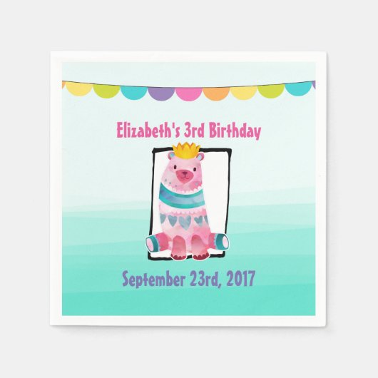 かわいい水色のクマ王冠をかぶった誕生日 スタンダードカクテルナプキン (正面)