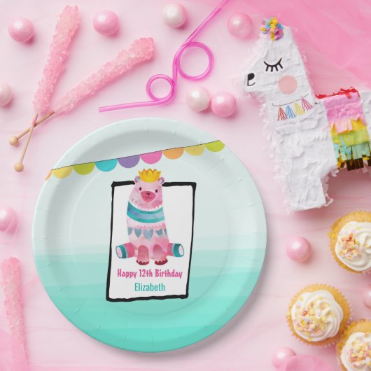 かわいい水色のクマ王冠をかぶった誕生日 ペーパープレート (パーティー)