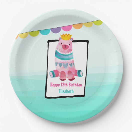 かわいい水色のクマ王冠をかぶった誕生日 ペーパープレート (正面)
