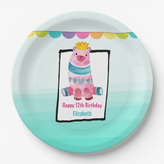 かわいい水色のクマ王冠をかぶった誕生日 ペーパープレート (正面)