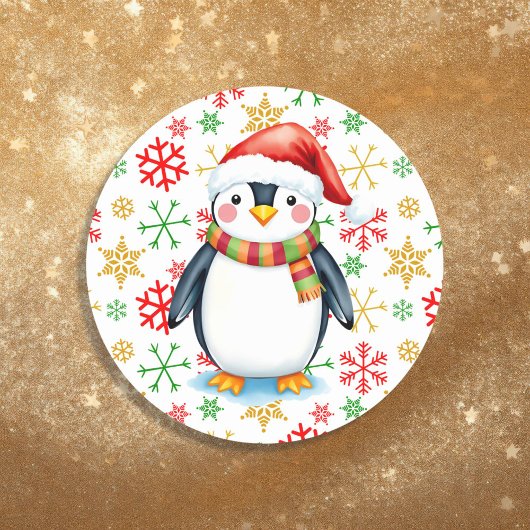 かわいい水色のクリスマスペンギンと雪片 ラウンドシール