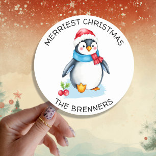かわいい水色のクリスマスペンギンパーソナライズされた ラウンドシール