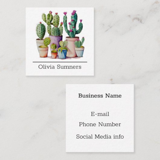 かわいい水色のサボテンはポットの多肉植物 スクエア名刺 (正面/裏面)