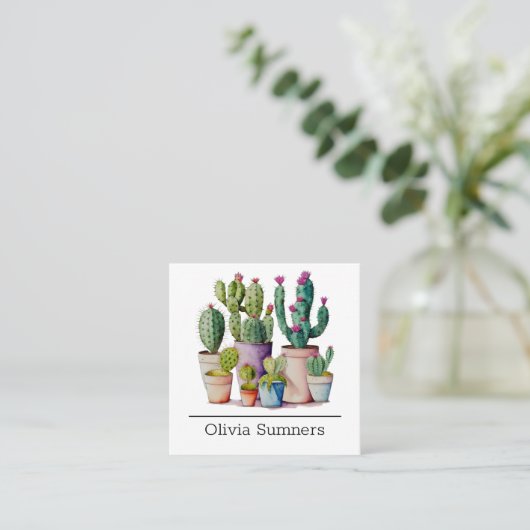かわいい水色のサボテンはポットの多肉植物 スクエア名刺 (スタンド正面)