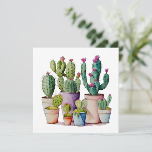 かわいい水色のサボテンはポットの多肉植物 招待状 (スタンド正面)