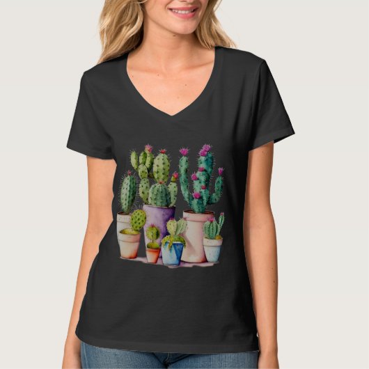 かわいい水色のサボテンはポットの多肉植物 Tシャツ (正面)