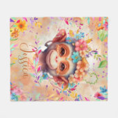 かわいい水色のサル(花) フリースブランケット (正面(横))