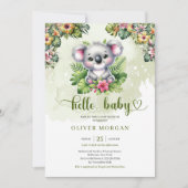 かわいい水色のジャングルベビーコアラ熱帯花 招待状 (正面)