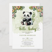 かわいい水色のジャングルベビーパンダ熱帯花 招待状 (正面/裏面)