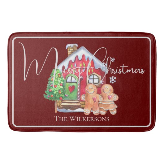 かわいい水色のジンジャーブレッドの人々がブルゴーニュ バスマット (正面)