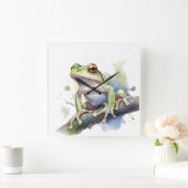 かわいい水色のツリーカエル スクエア壁時計 (ホーム)