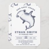 かわいい水色のハンマーヘッドシャーク誕生日 招待状 (正面/裏面)