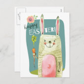 かわいい水色のバニー保持ニンジンハッピーイースター シーズンポストカード (正面/裏面)
