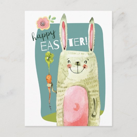 かわいい水色のバニー保持ニンジンハッピーイースター シーズンポストカード (正面)