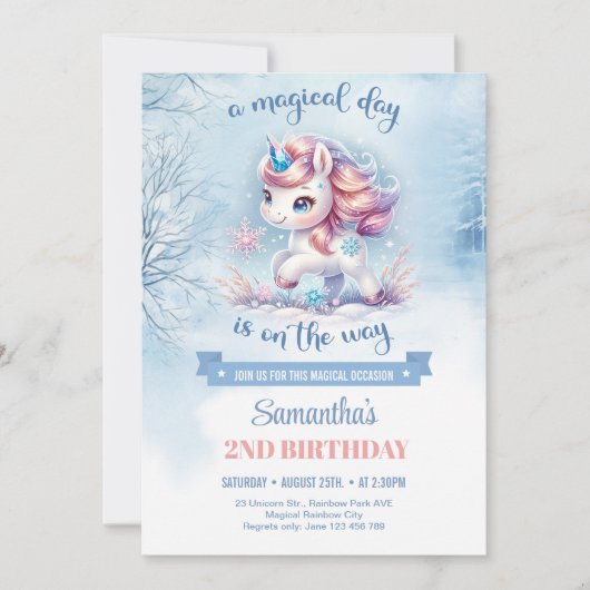 かわいい水色のバラ金ゴールドとブルーユニコーン冬 招待状 (正面)