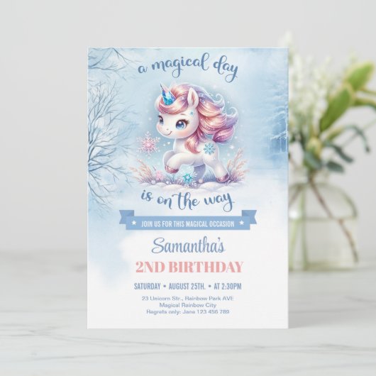 かわいい水色のバラ金ゴールドとブルーユニコーン冬 招待状 (スタンド正面)