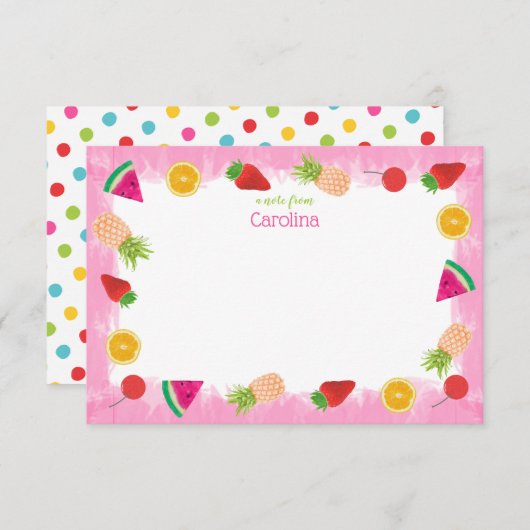 かわいい水色のフルーツ&ドットピンク文房具 サンキューカード (正面/裏面)