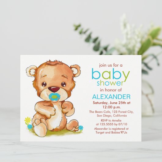 かわいい水色のベビークマ男の子ベビーシャワー 招待状 (スタンド正面)